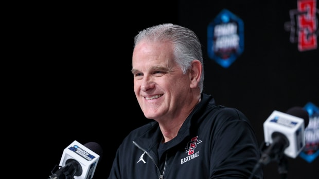 Mar 30, 2023; Houston, TX, USA; San Diego State Aztecs head coach Brian Dutcher during a press conference at NRG Stadium. Mandatory Credit: Troy Taormina-USA TODAY Sports